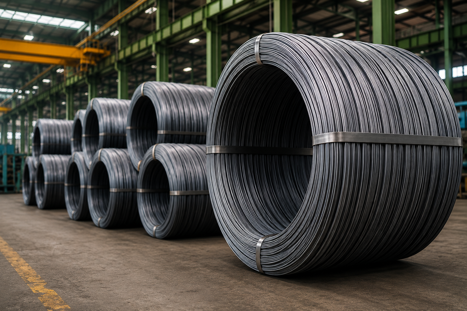 Sameer Steels manufacturing — stacks of MS wire coils